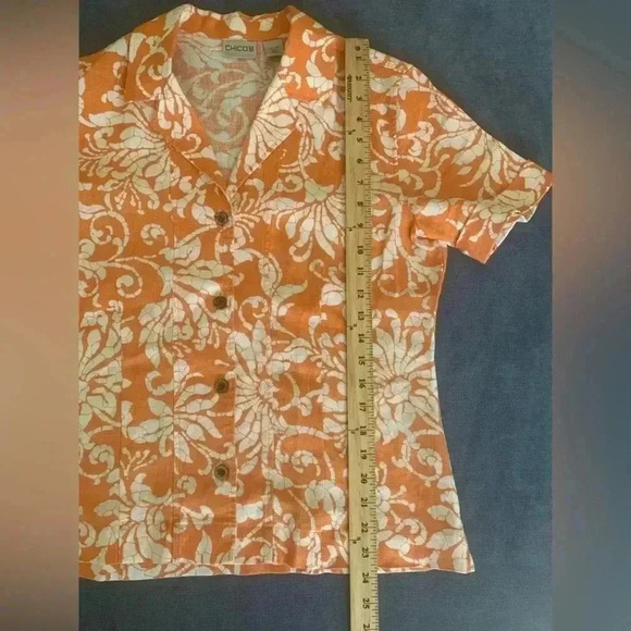 Woman’s Chico’s Orange Paisley Linen Short Sleeve Button Down Vacation Top Sz1 - Picture 9 of 9